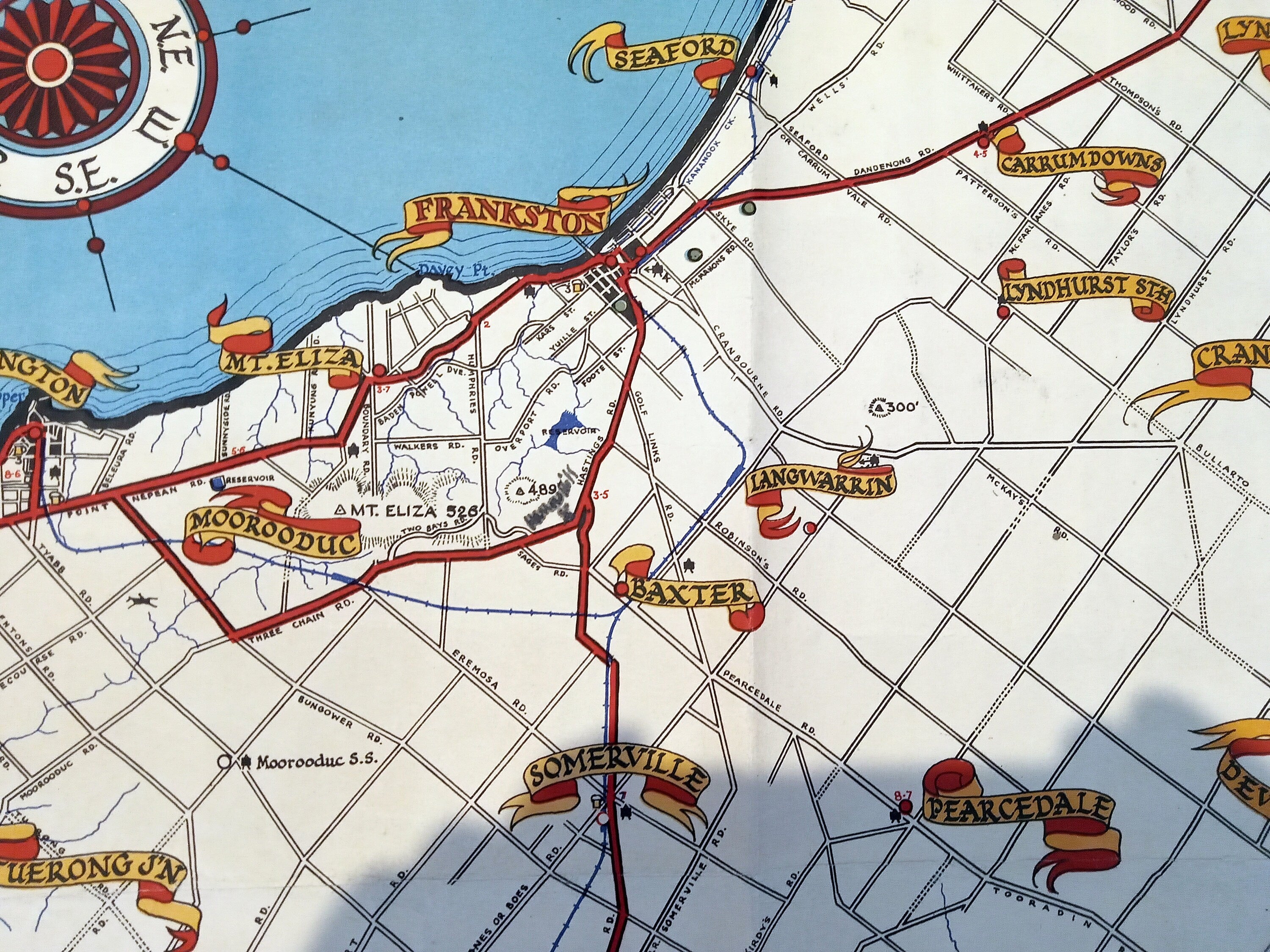 Very Rare c.1945 Mornington Peninsula Pictorial Map by Robert J. Amor Portsea, Sorrento Rye Rosebud Dromana Port Phillip Melbourne Australia