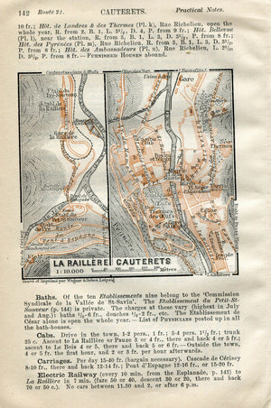 1914 La Raillere, Cauterets, South of France Town Plan, Antique Baedeker Map, Print