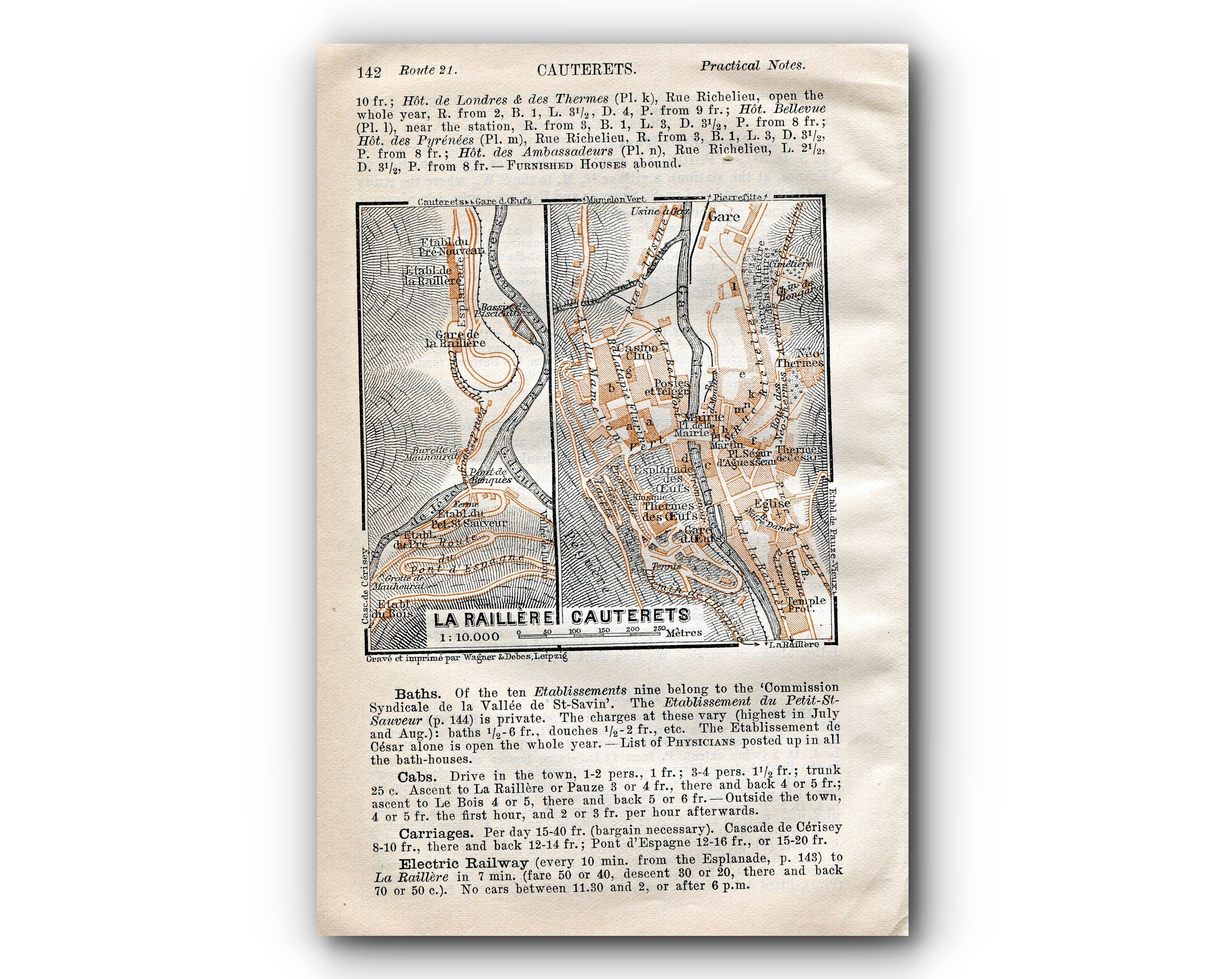 1914 La Raillere, Cauterets, South of France Town Plan, Antique Baedeker Map, Print