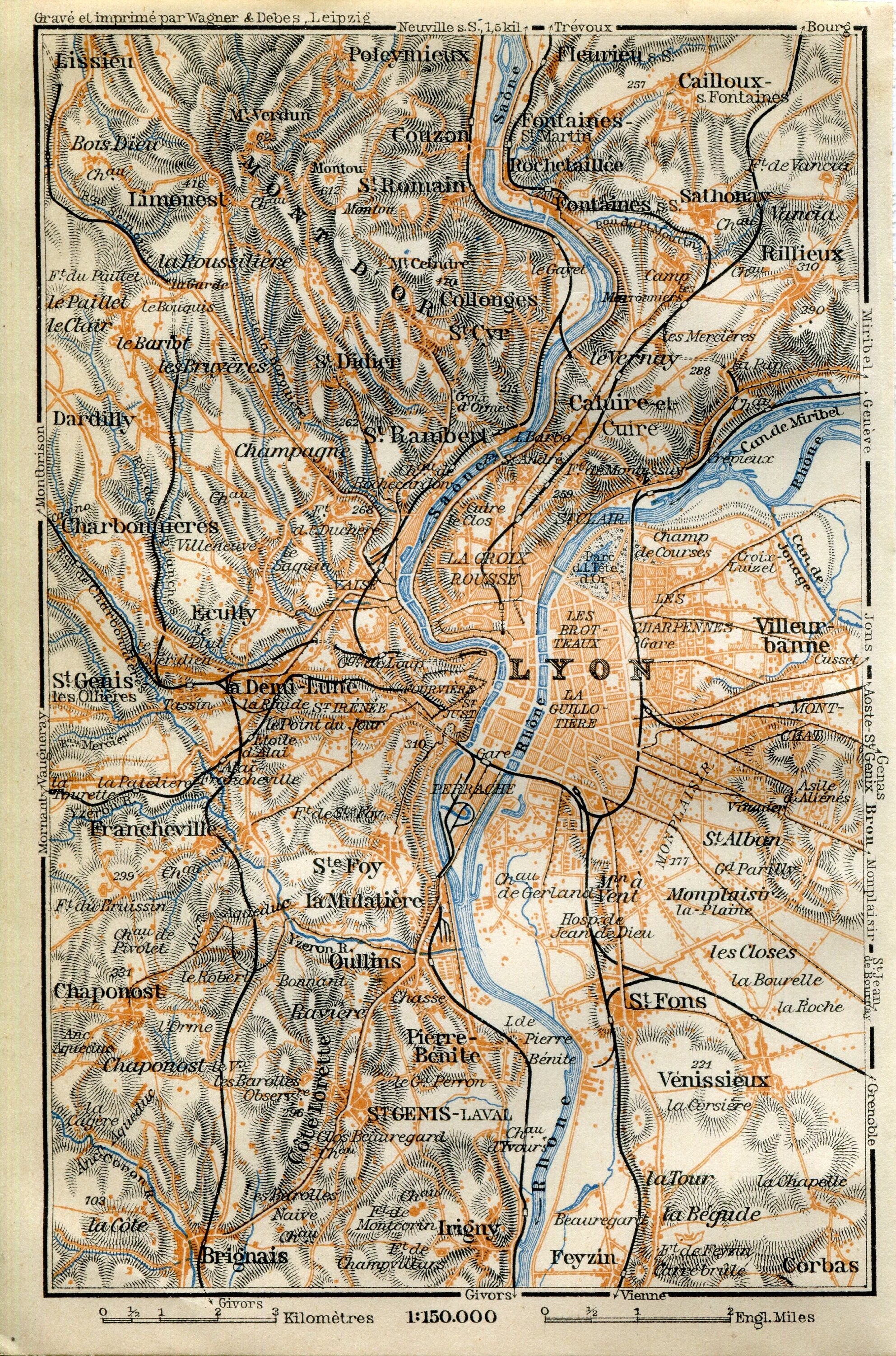 1914 Lyon, South of France Town Plan, Antique Baedeker Map, Print