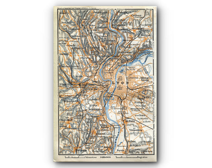1914 Lyon, South of France Town Plan, Antique Baedeker Map, Print