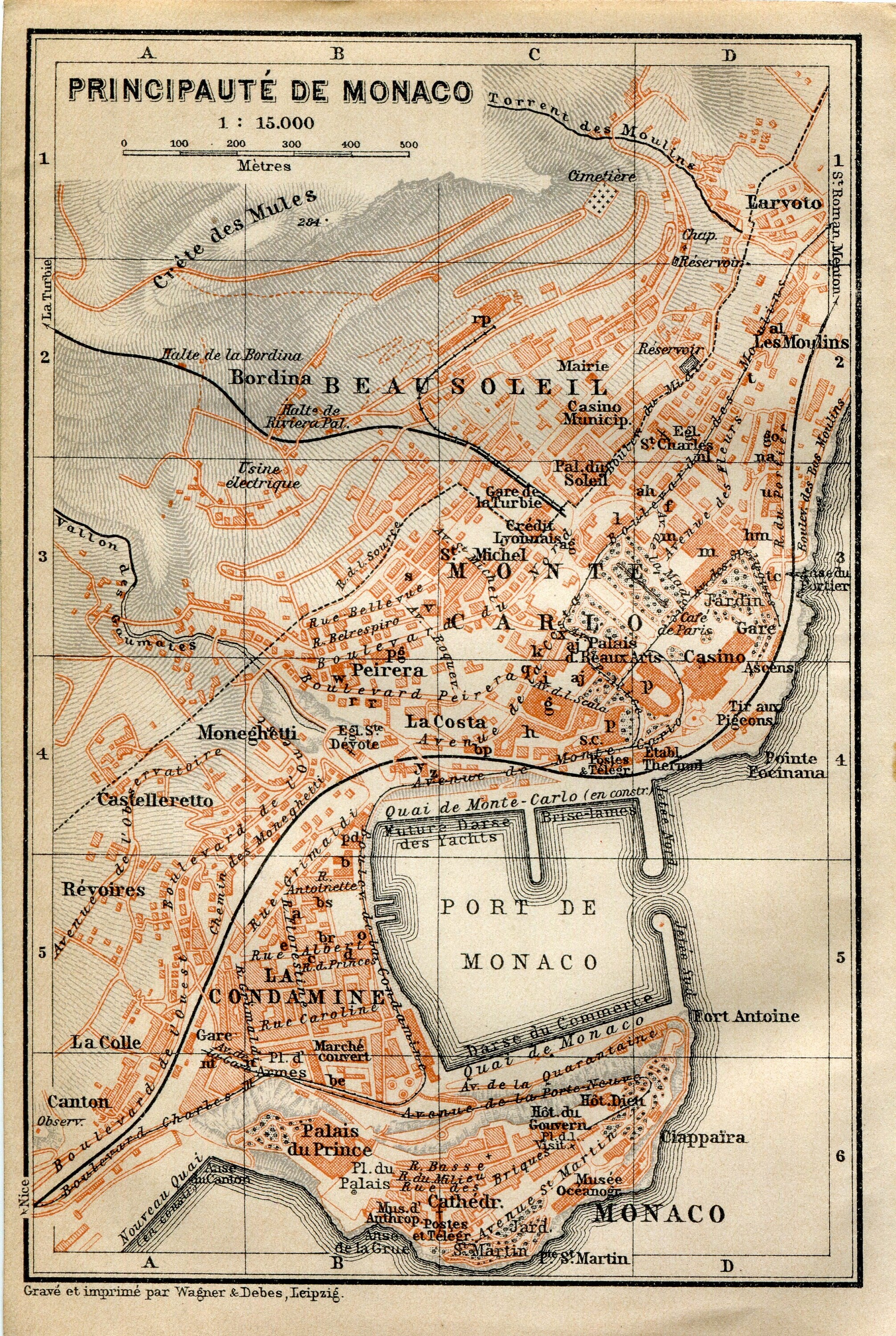 1914 Principaute De Monaco, Monte Carlo, South of France Town Plan, Antique Baedeker Map, Print