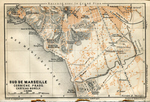 1914 Sud De Marseille, South of France Town Plan, Antique Baedeker Map, Print