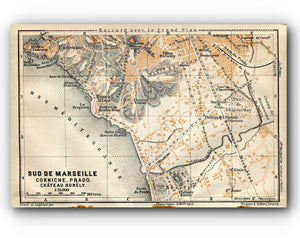 1914 Sud De Marseille, South of France Town Plan, Antique Baedeker Map, Print