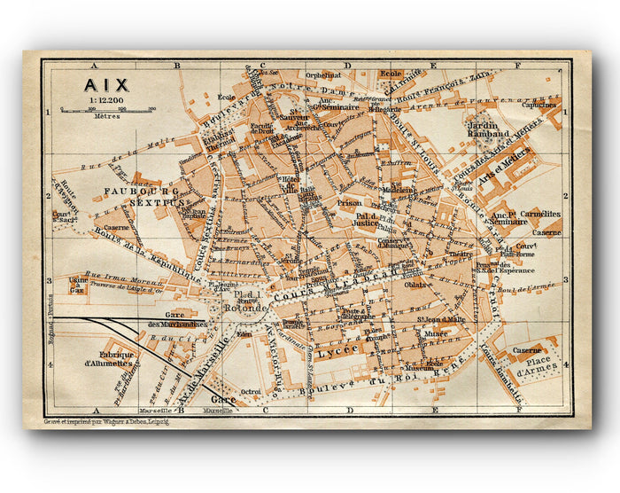 1914 Aix, South of France Town Plan, Antique Baedeker Map, Print