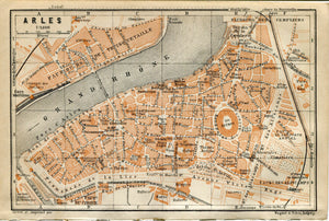 1914 Arles, South of France Town Plan, Antique Baedeker Map, Print