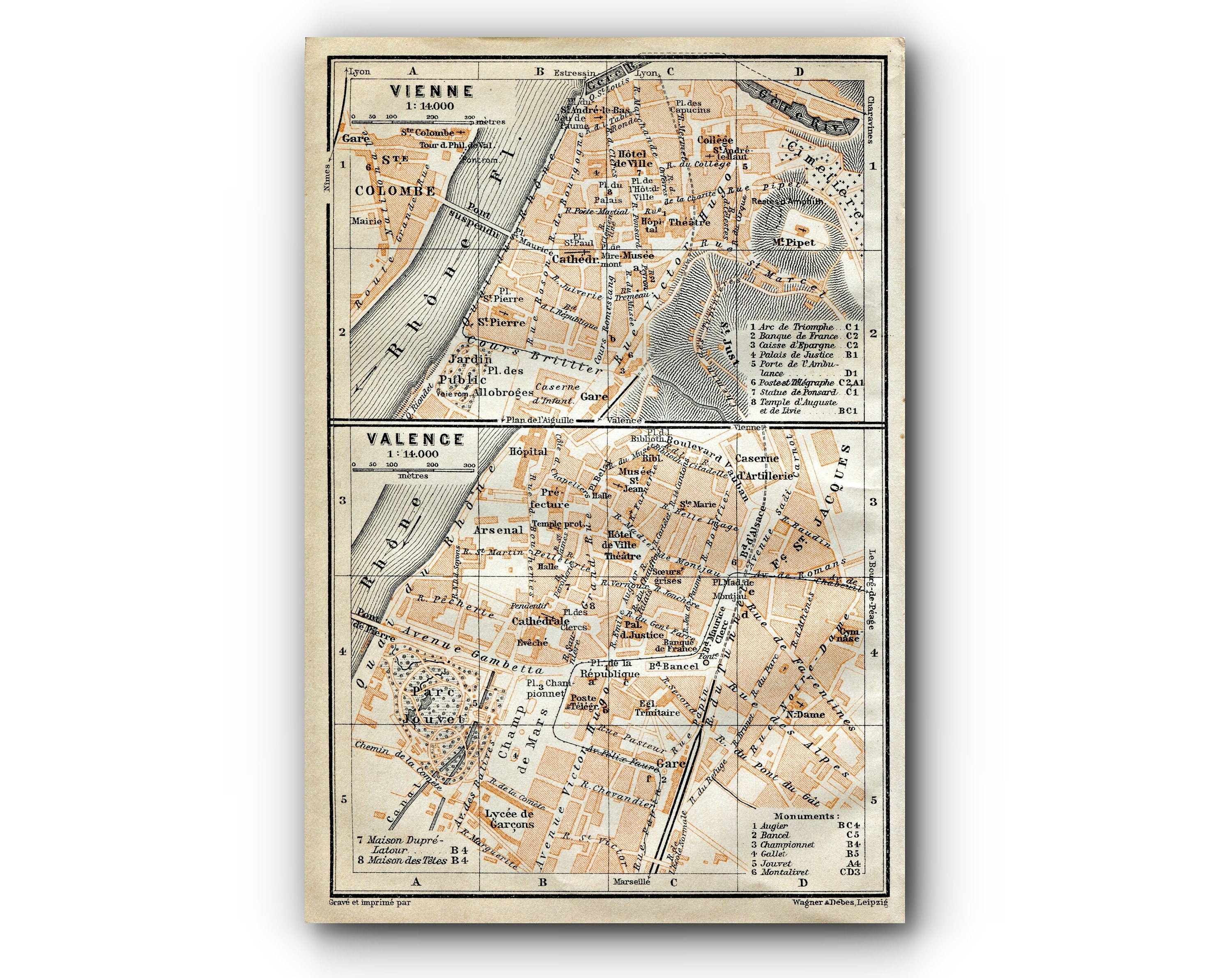 1914 Vienne & Valence, South of France Town Plan, Antique Baedeker Map, Print