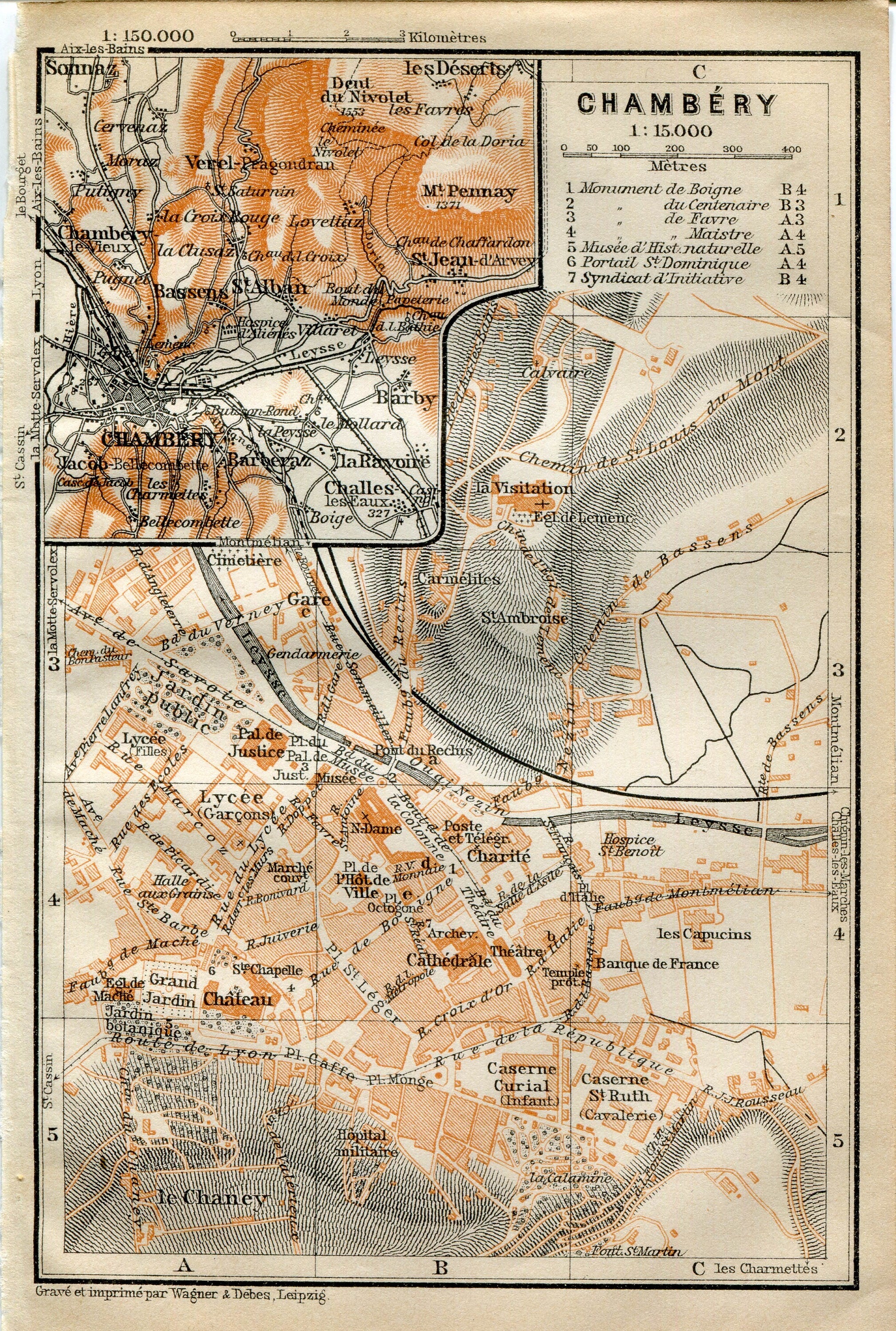 1914 Chambery, South of France Town Plan, Antique Baedeker Map, Print
