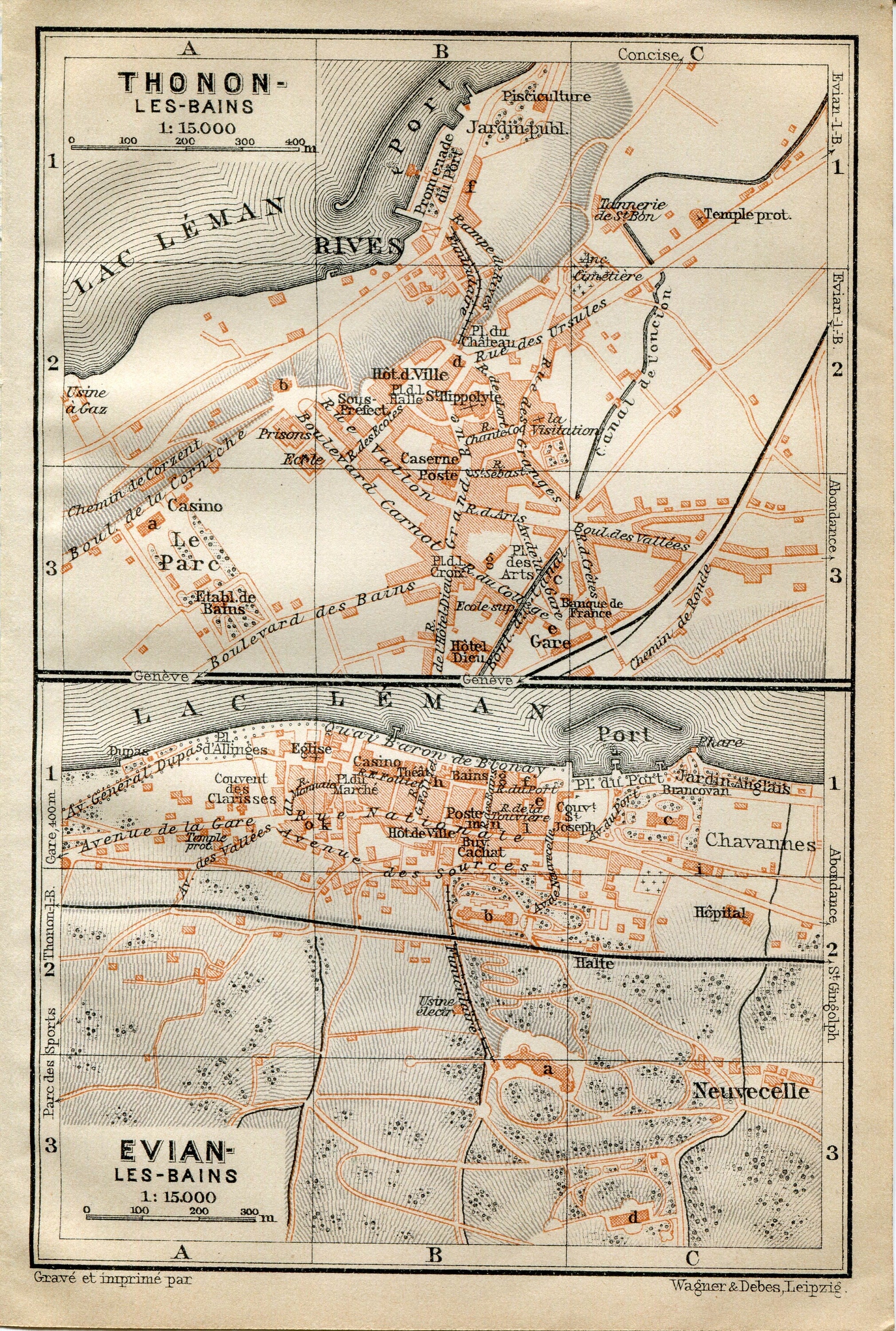 1914 Thonon Les Bains, Evian Les Bains, South of France Town Plan, Antique Baedeker Map, Print