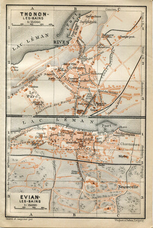 1914 Thonon Les Bains, Evian Les Bains, South of France Town Plan, Antique Baedeker Map, Print