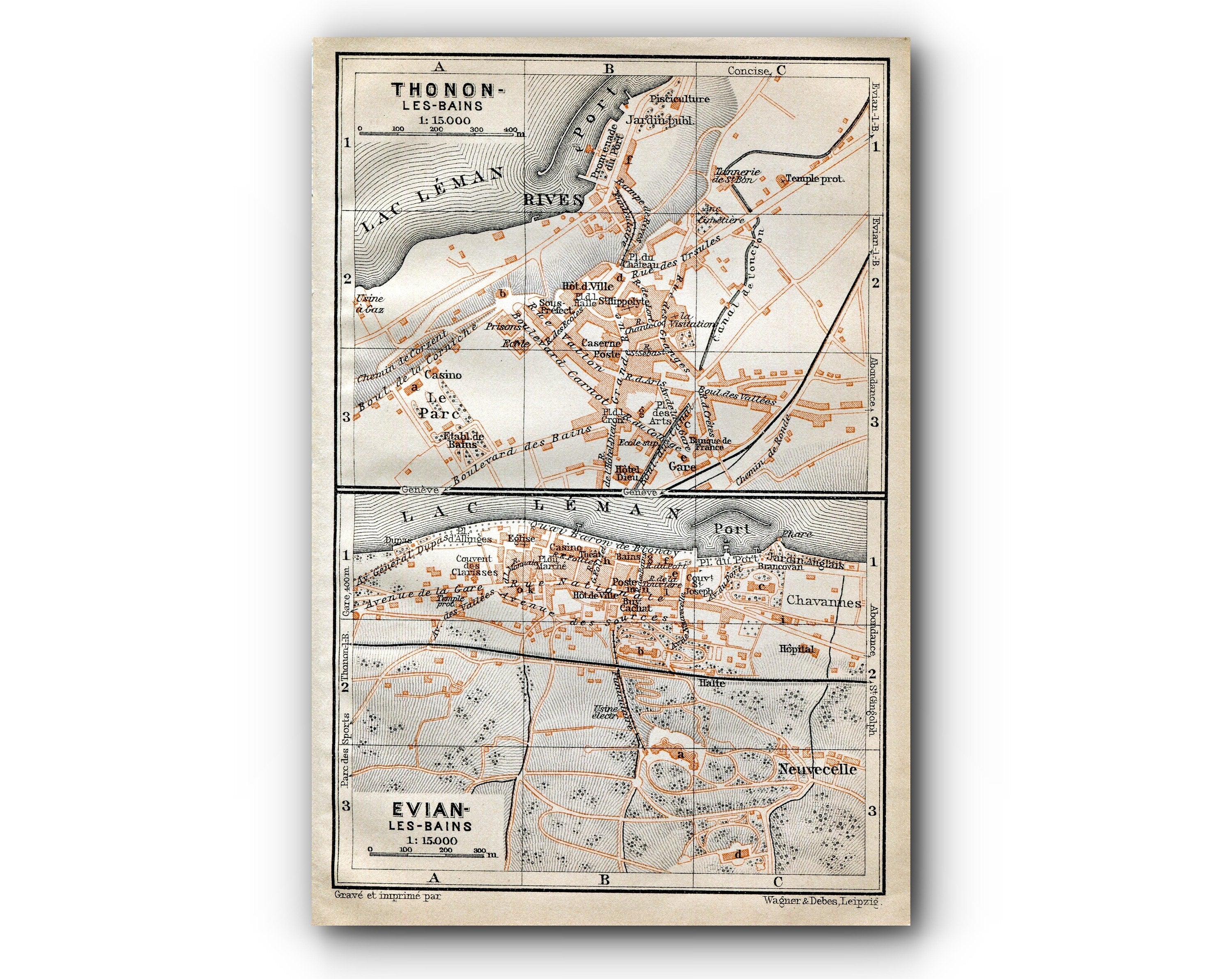 1914 Thonon Les Bains, Evian Les Bains, South of France Town Plan, Antique Baedeker Map, Print