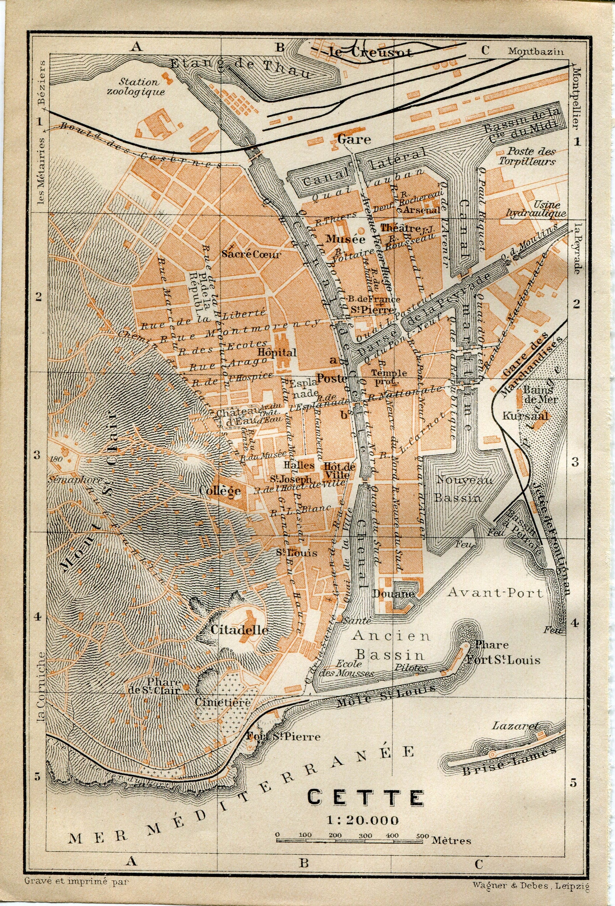 1914 Cette, South of France Town Plan, Antique Baedeker Map, Print