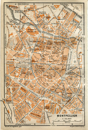 1914 Montpellier, South of France Town Plan, Antique Baedeker Map, Print