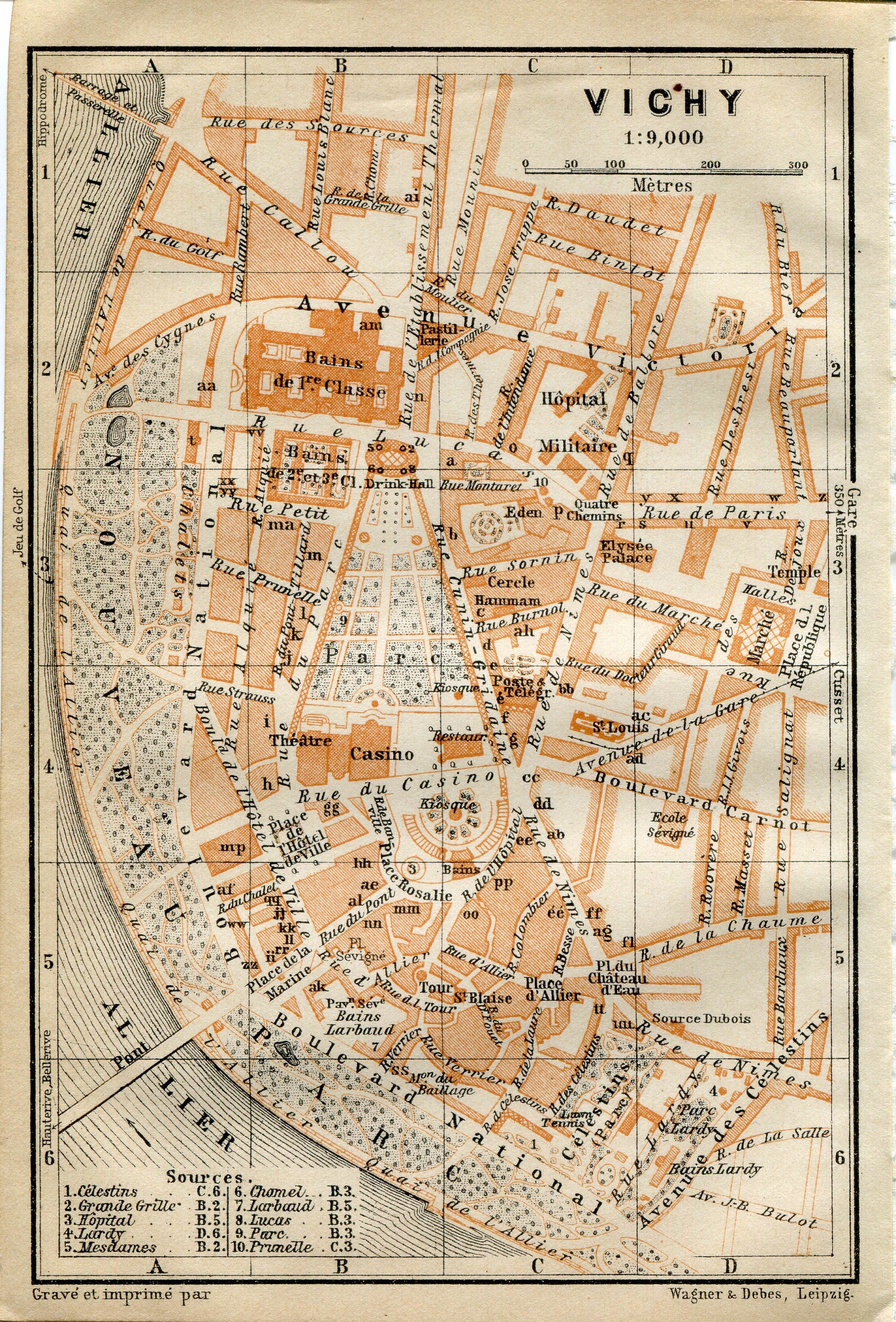 1914 Vichy, South of France Town Plan, Antique Baedeker Map, Print
