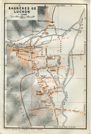 1914 Bagneres De Luchon, South of France Town Plan, Antique Baedeker Map, Print