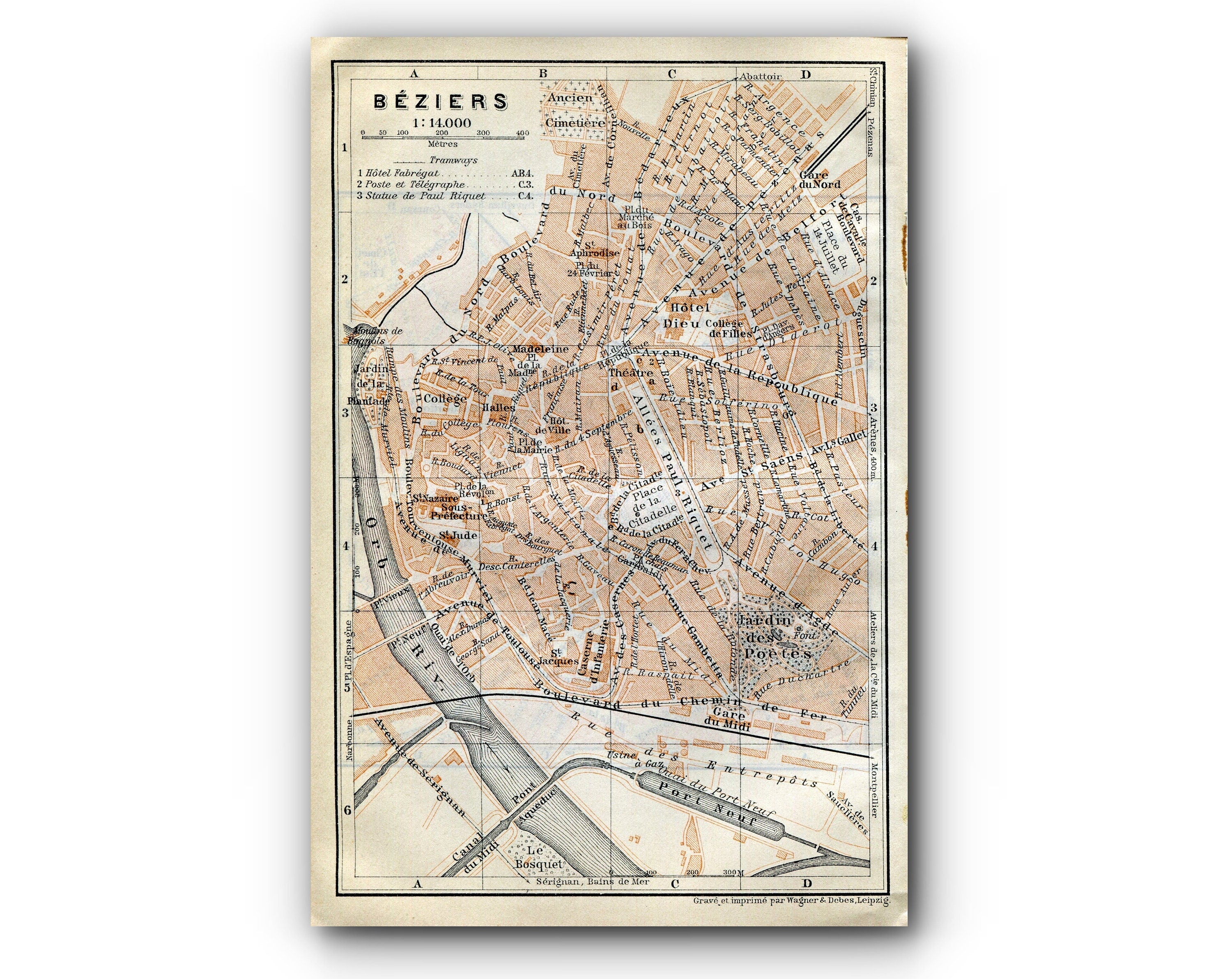 1914 Beziers, Narbonne, South of France Town Plan, Antique Baedeker Map, Print