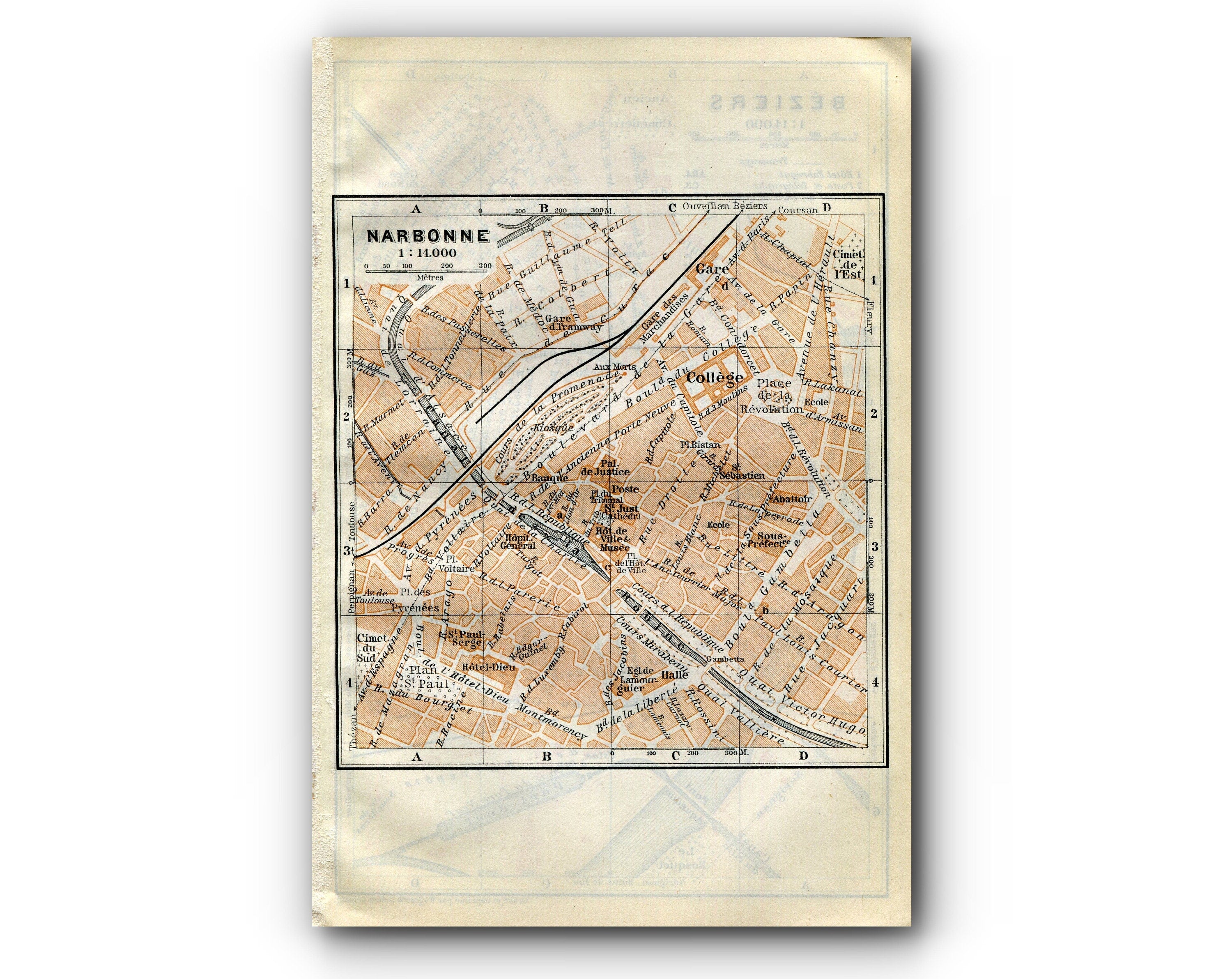 1914 Beziers, Narbonne, South of France Town Plan, Antique Baedeker Map, Print