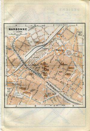1914 Beziers, Narbonne, South of France Town Plan, Antique Baedeker Map, Print