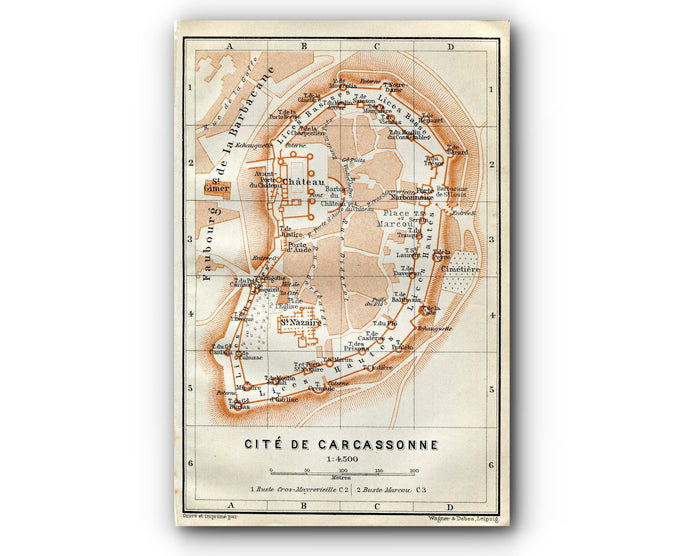 1914 Cite De Carcassonne, South of France Town Plan, Antique Baedeker Map, Print