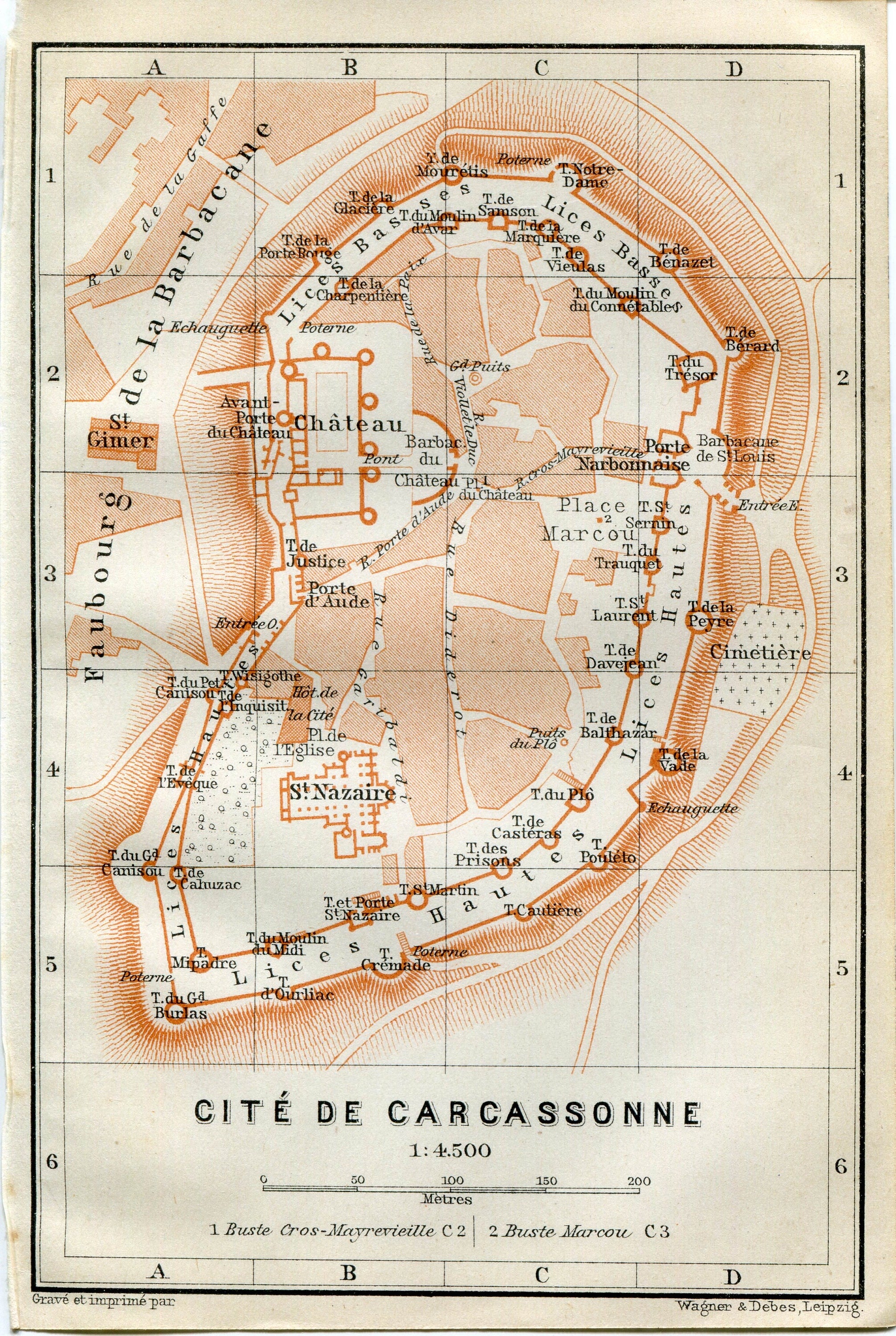 1914 Cite De Carcassonne, South of France Town Plan, Antique Baedeker Map, Print