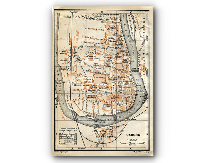 1914 Cahors, South of France Town Plan, Antique Baedeker Map, Print