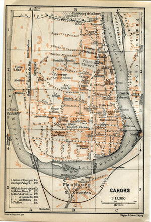 1914 Cahors, South of France Town Plan, Antique Baedeker Map, Print