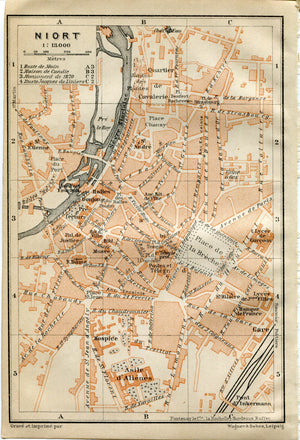 1914 Niort, South of France Town Plan, Antique Baedeker Map, Print