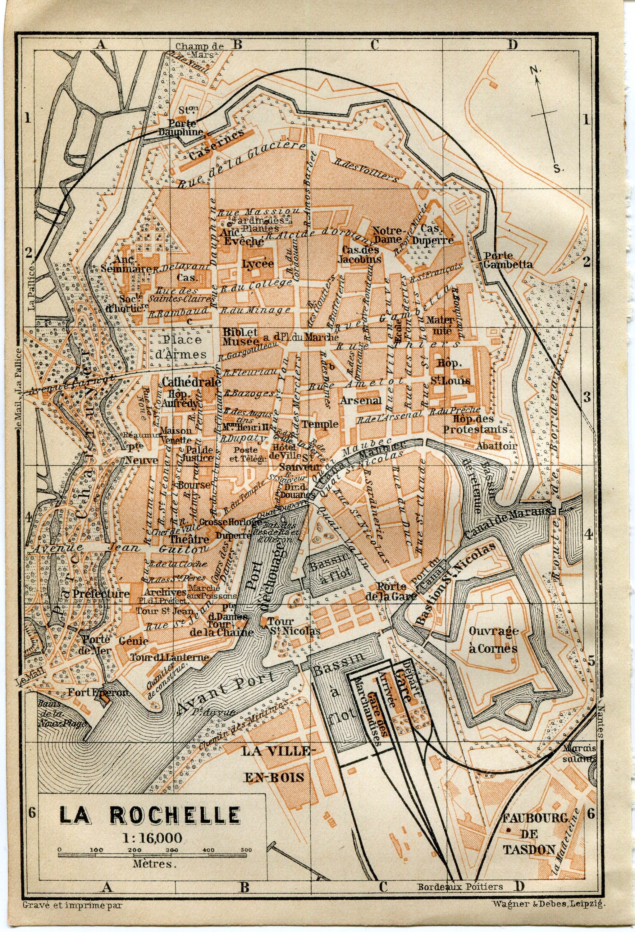 1914 La Rochelle, South of France Town Plan, Antique Baedeker Map, Print