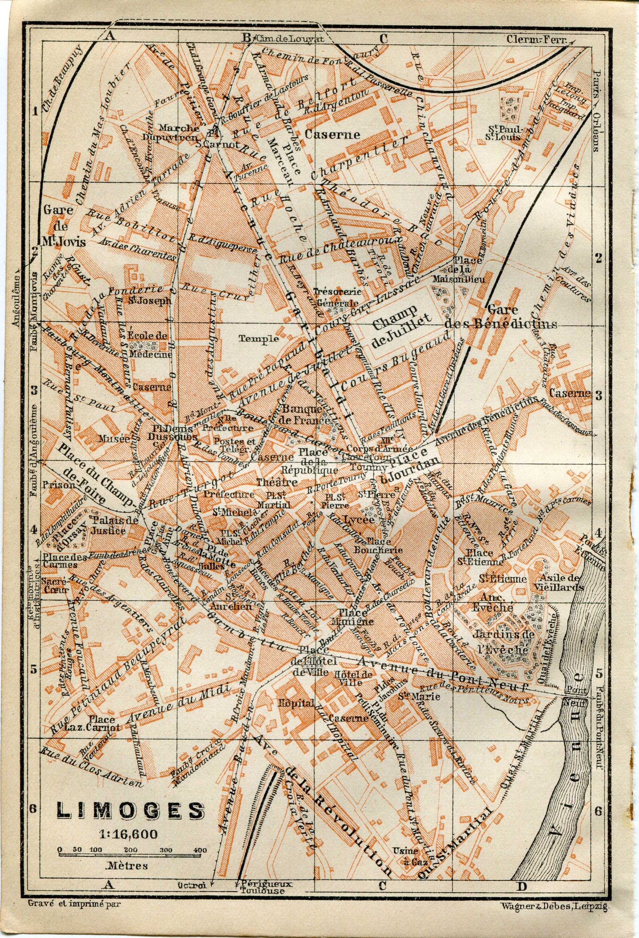 1914 Limoges, South of France Town Plan, Antique Baedeker Map, Print