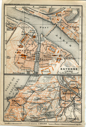1914 Bayonne, South of France Town Plan, Antique Baedeker Map, Print