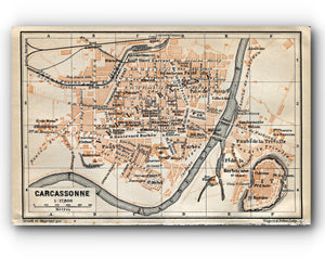 1914 Carcassonne, South of France Town Plan, Antique Baedeker Map, Print