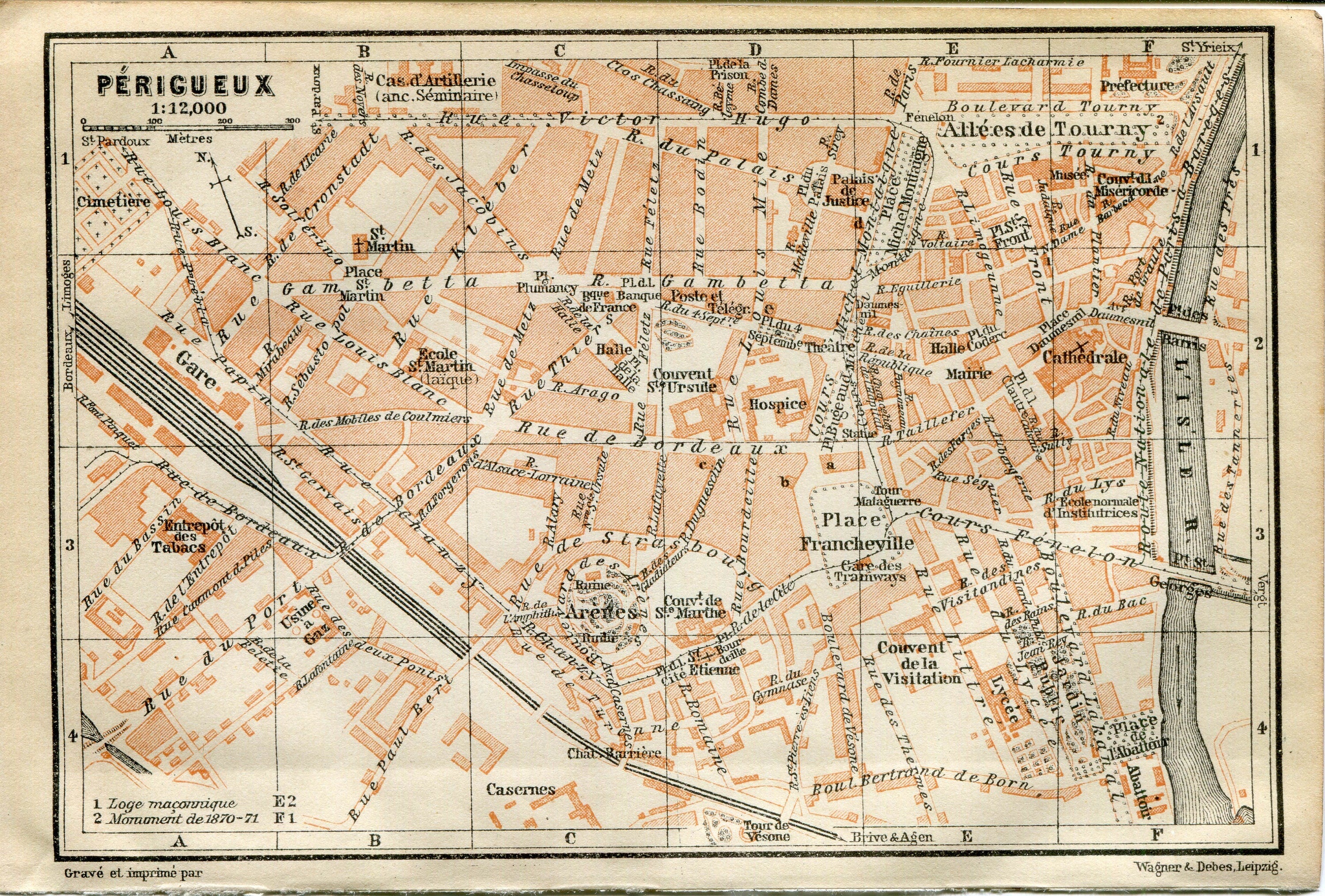 1914 Perigueux, South of France Town Plan, Antique Baedeker Map, Print