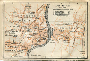 1914 Saintes, South of France Town Plan, Antique Baedeker Map, Print