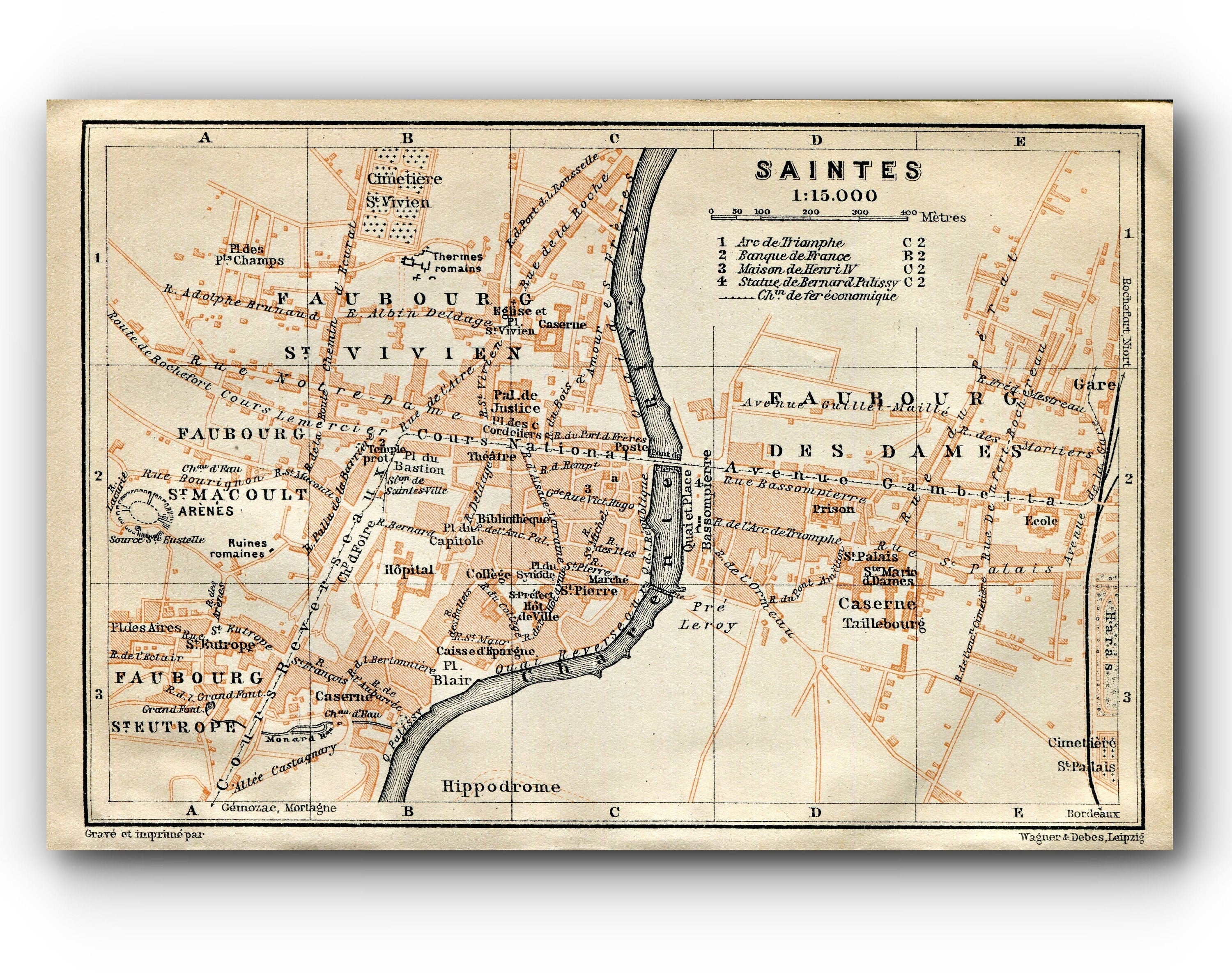 1914 Saintes, South of France Town Plan, Antique Baedeker Map, Print