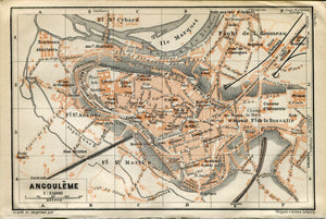 1914 Angouleme, South of France Town Plan, Antique Baedeker Map, Print