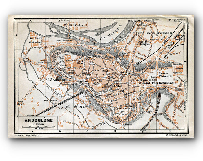 1914 Angouleme, South of France Town Plan, Antique Baedeker Map, Print