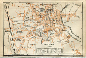 1914 Bourg, South of France Town Plan, Antique Baedeker Map, Print