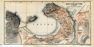 1914 San Sebastian, South of France Town Plan, Antique Baedeker Map, Print
