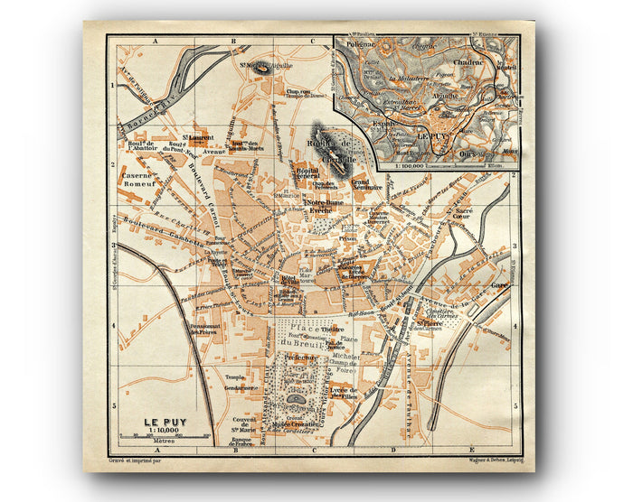 1914 Le Puy en Velay, South of France Town Plan, Antique Baedeker Map, Print