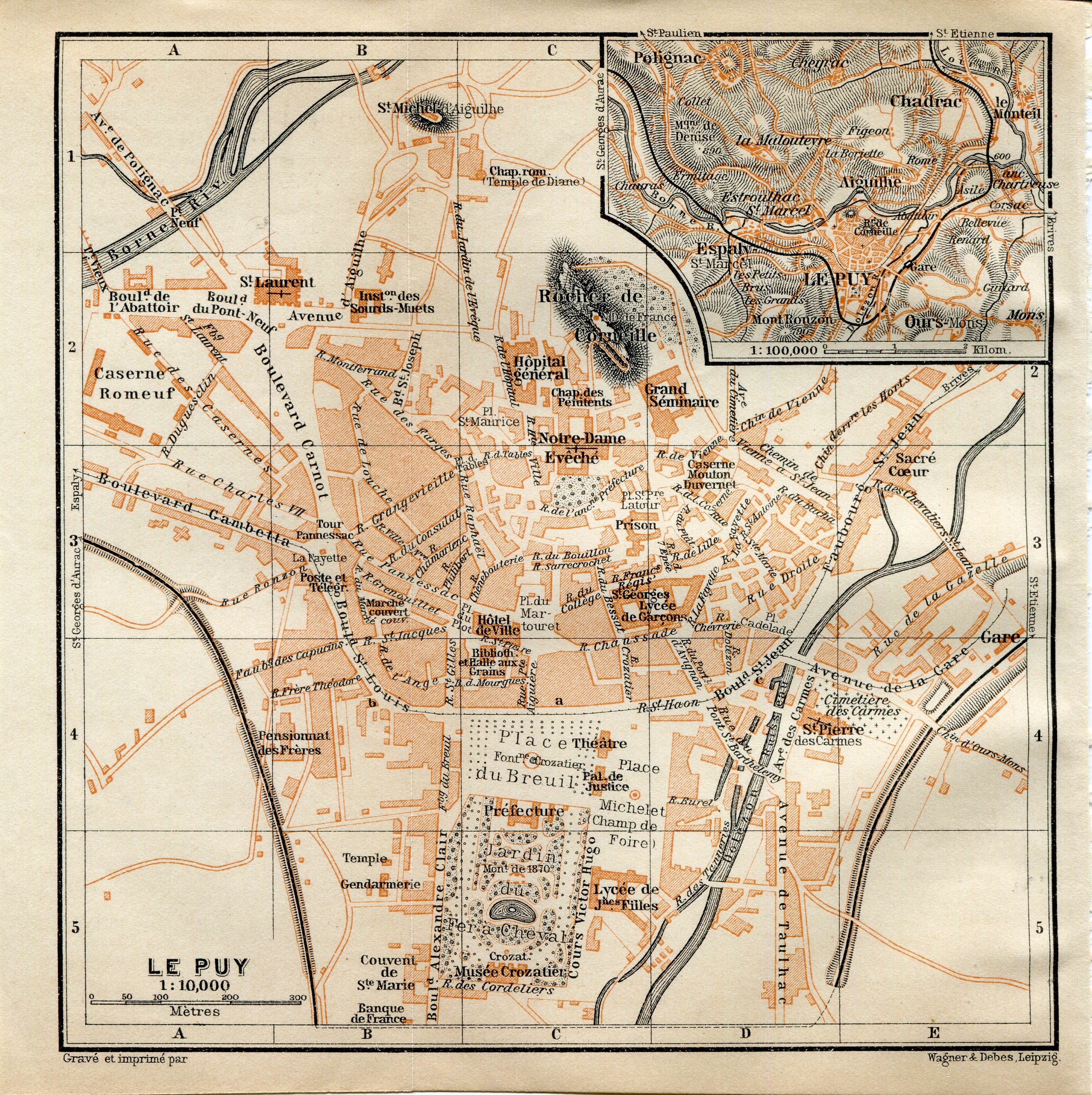 1914 Le Puy en Velay, South of France Town Plan, Antique Baedeker Map, Print