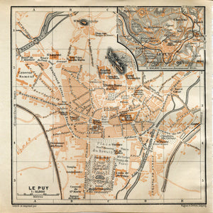 1914 Le Puy en Velay, South of France Town Plan, Antique Baedeker Map, Print