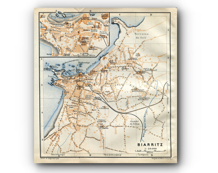 1914 Biarritz, South of France Town Plan, Antique Baedeker Map, Print
