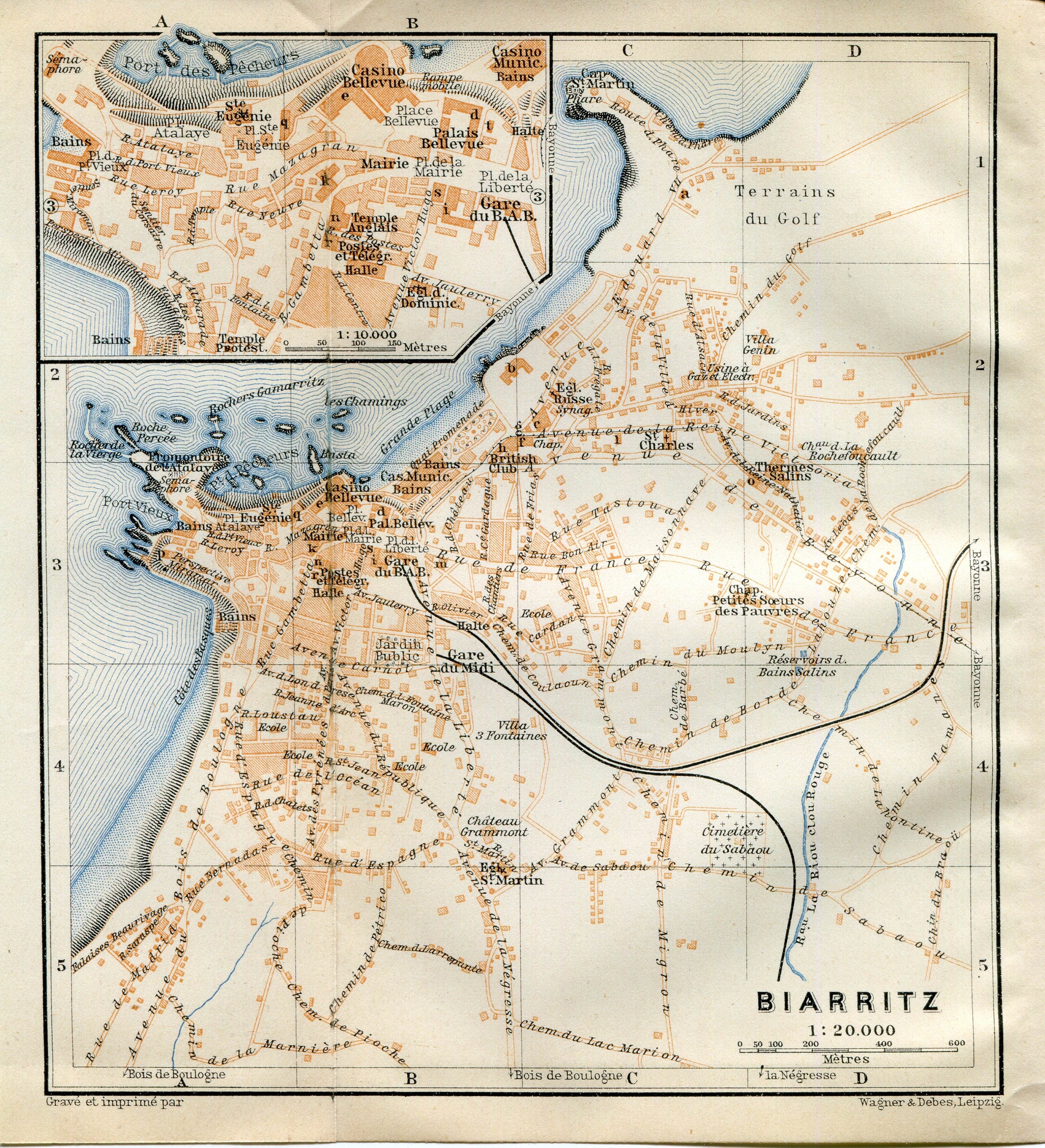 1914 Biarritz, South of France Town Plan, Antique Baedeker Map, Print