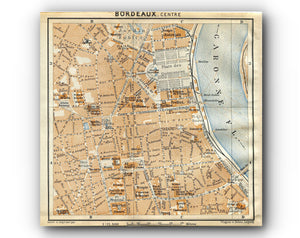 1914 Bordeaux Centre, South of France Town Plan, Antique Baedeker Map, Print