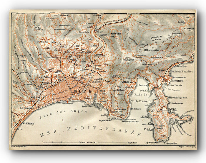 1914 Nice, South of France Town Plan, Antique Baedeker Map, Print, St-Jean-Cap-Ferrat, Villefranche-sur-Mer