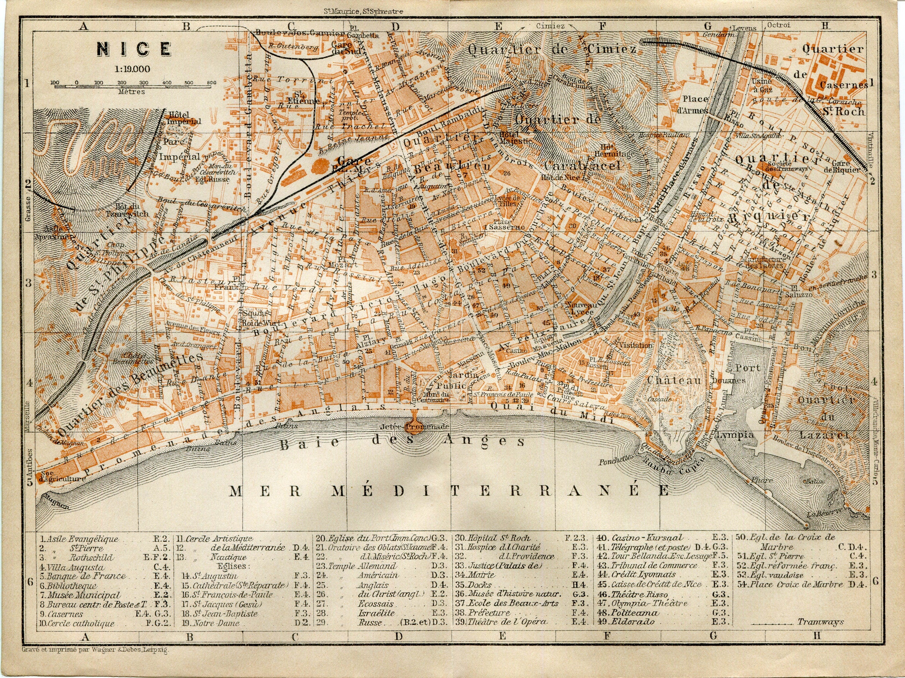 1914 Nice, South of France Town Plan, Antique Baedeker Map, Print