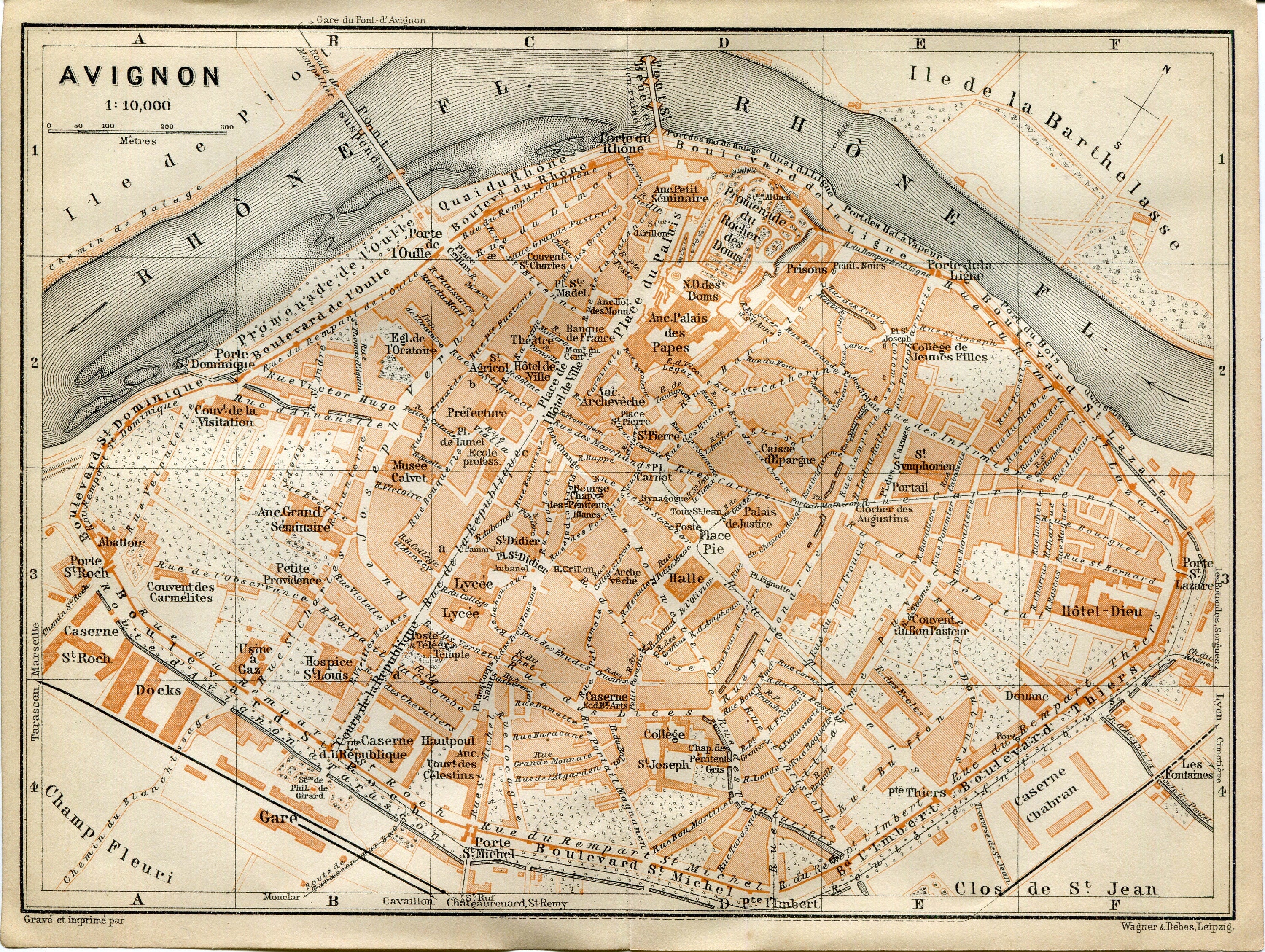 1914 Avignon, South of France Town Plan, Antique Baedeker Map, Print