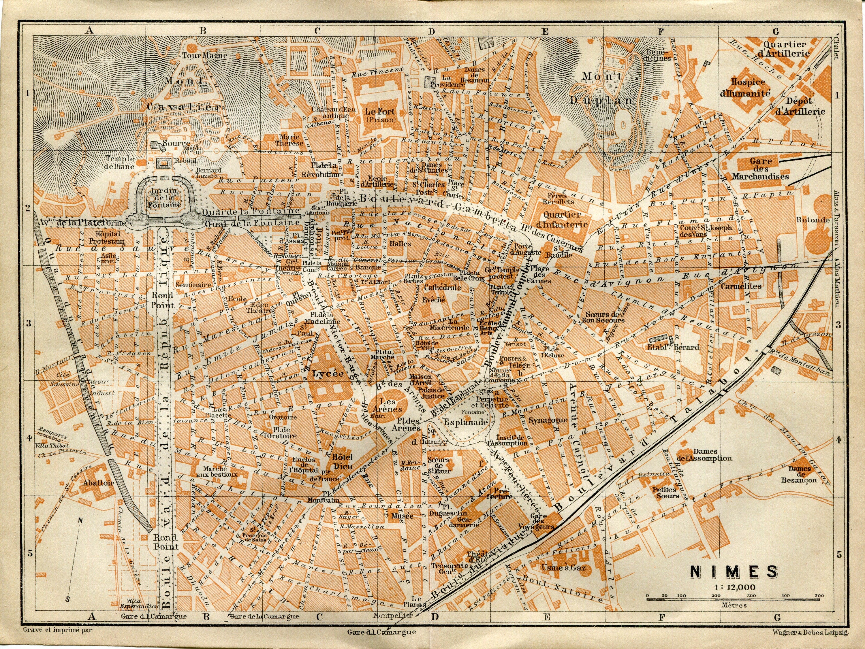 1914 Nimes, South of France Town Plan, Antique Baedeker Map, Print