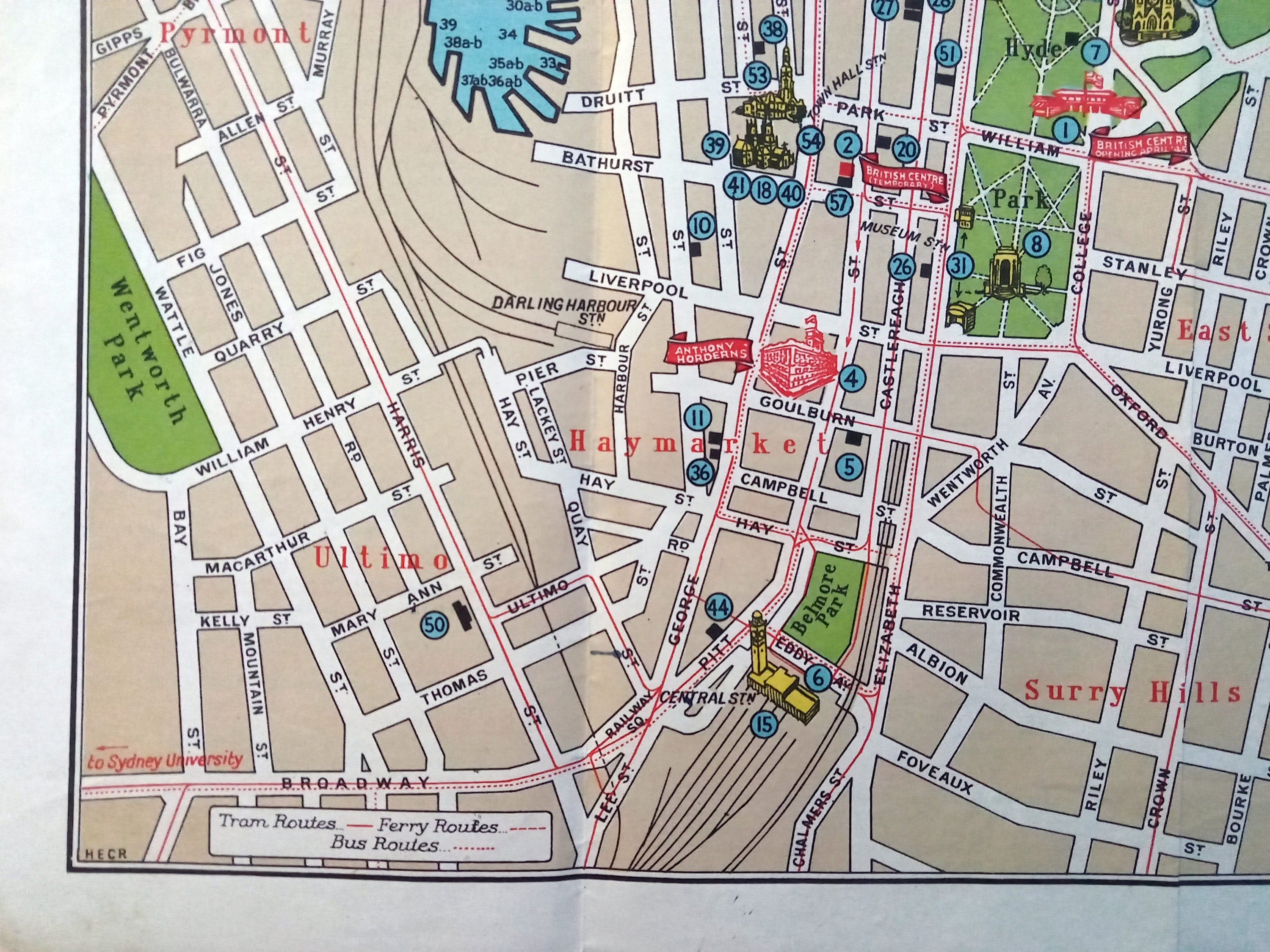 c.1945 Guide to the City of Sydney Pictorial Map Issued under the Auspices of the British Centre with Anthony Horderns Compliments Australia