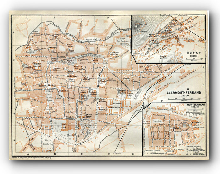 1914 Clermont Ferrand, South of France Town Plan, Antique Baedeker Map, Print